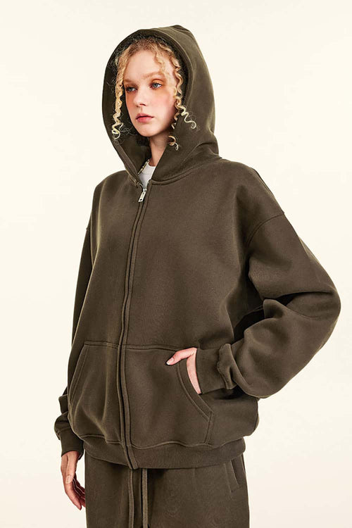 Heavyweight Fleece Lined Zip Hoodie - Brown