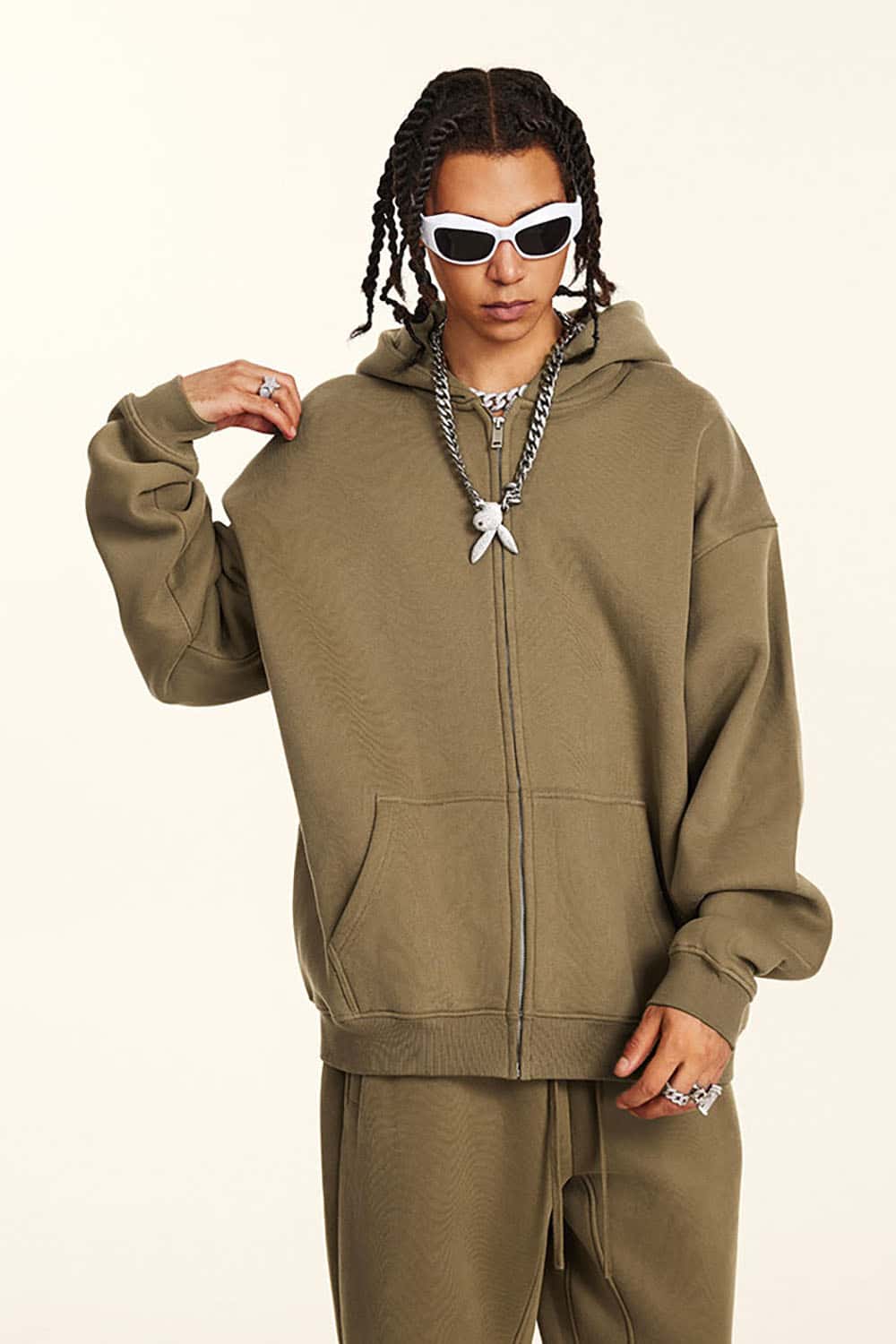 Solid Color Loose Fleece Hooded Zip-Up Knit Cardigan