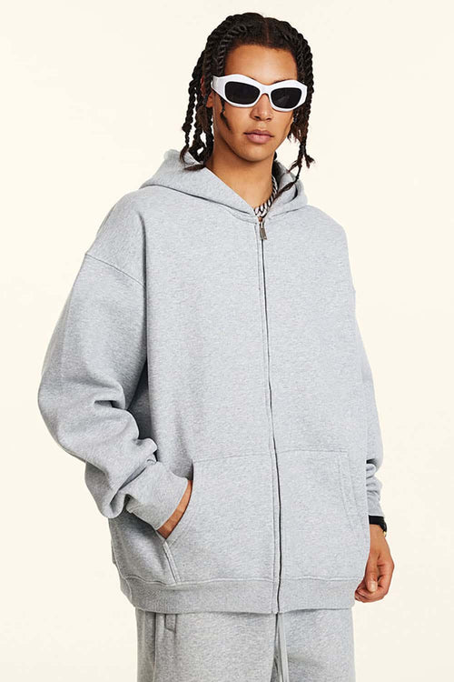 Heavyweight Fleece Lined Zip Hoodie - Flower Gray