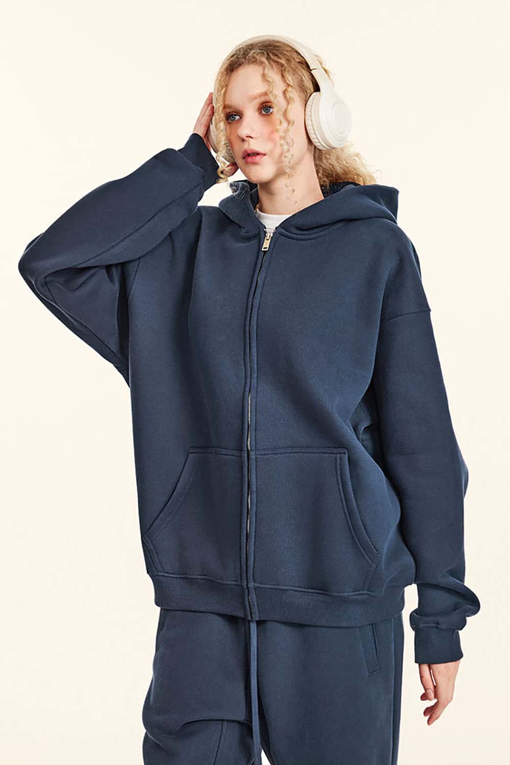 Solid Color Loose Fleece Hooded Zip-Up Knit Cardigan