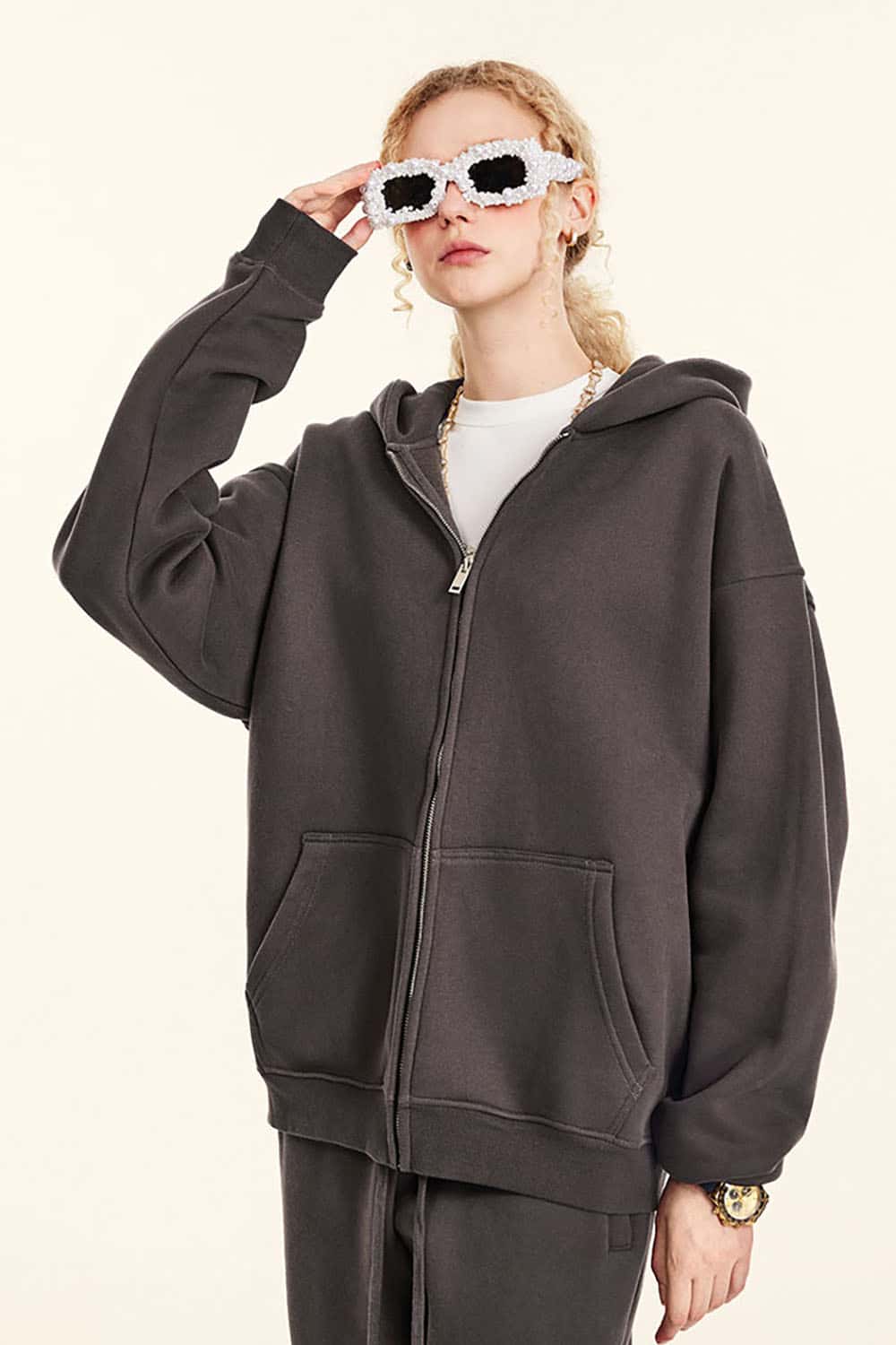 Solid Color Loose Fleece Hooded Zip-Up Knit Cardigan