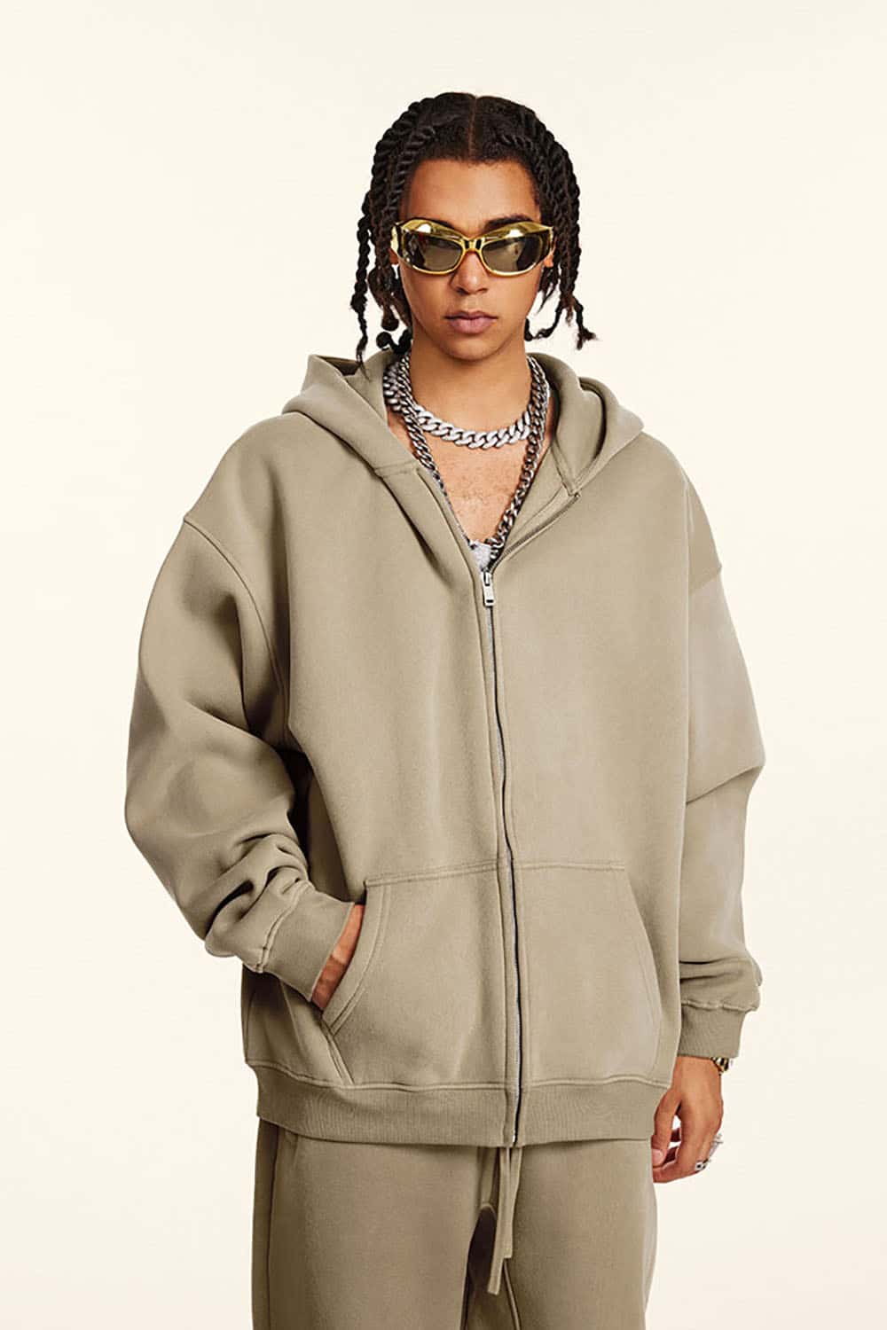 Solid Color Loose Fleece Hooded Zip-Up Knit Cardigan