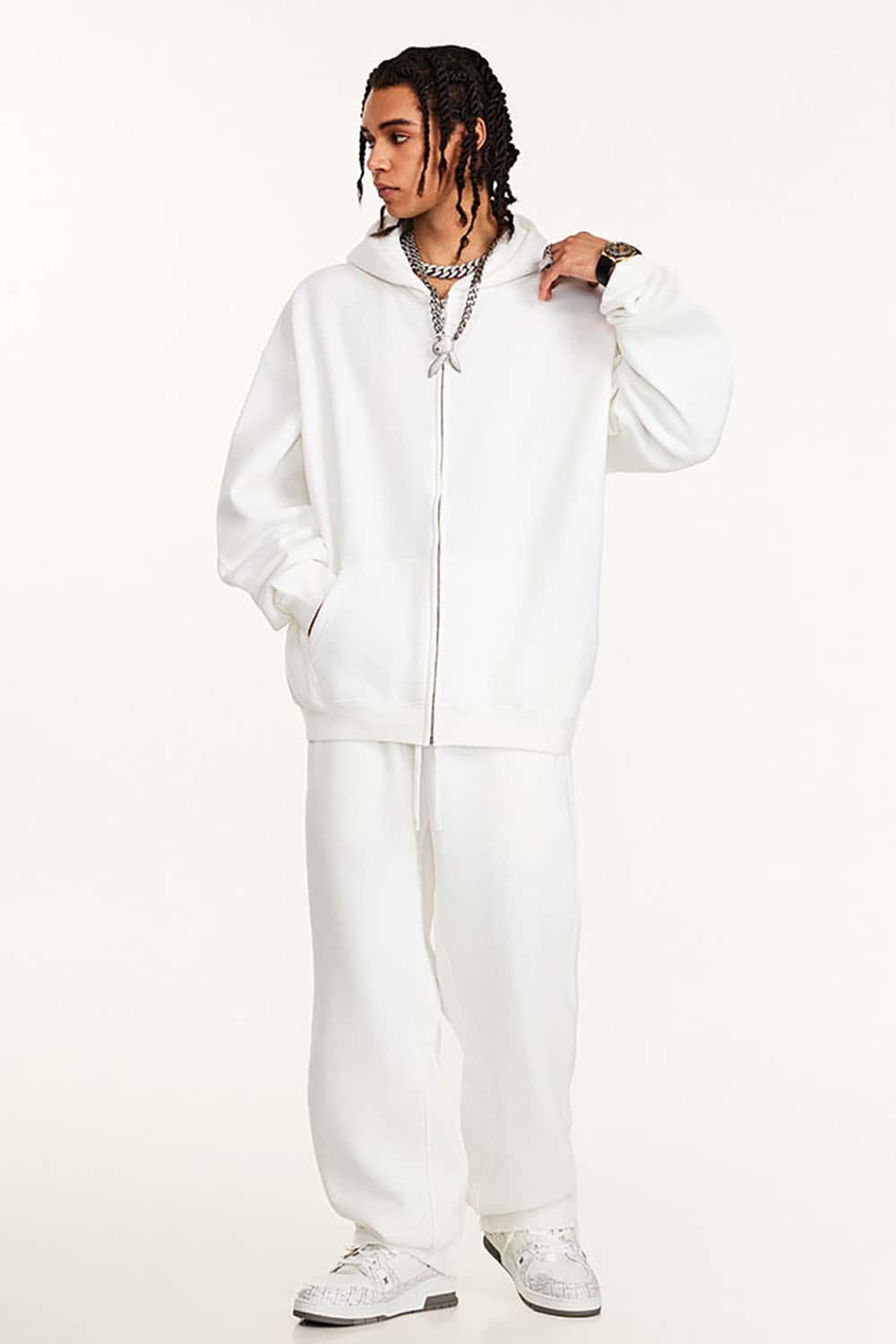 Solid Color Loose Fleece Hooded Zip-Up Knit Cardigan