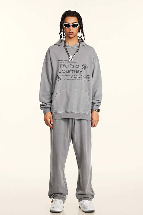 Distressed Slogan Print Hoodie - Medium Gray
