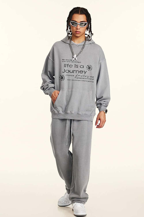 Distressed Slogan Print Hoodie - Medium Gray