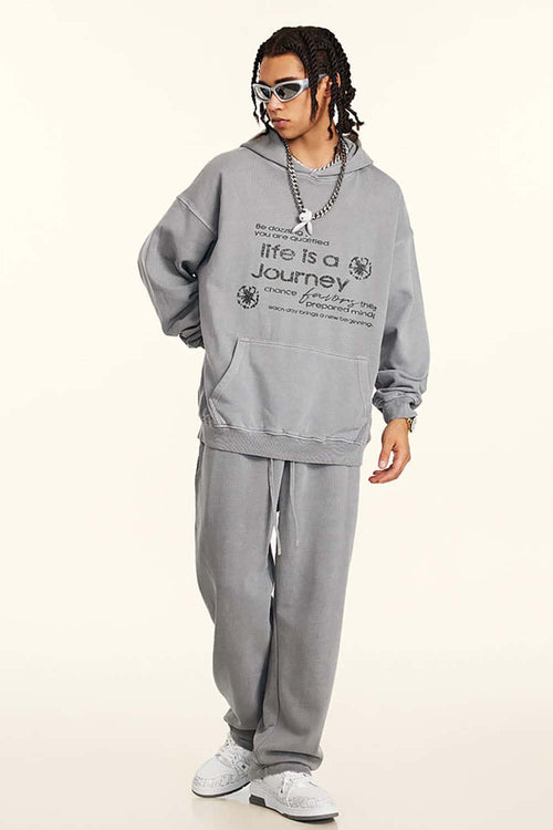 Distressed Slogan Print Hoodie - Medium Gray