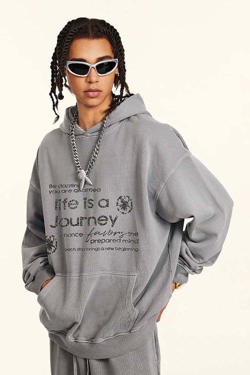 Distressed Slogan Print Hoodie - Medium Gray