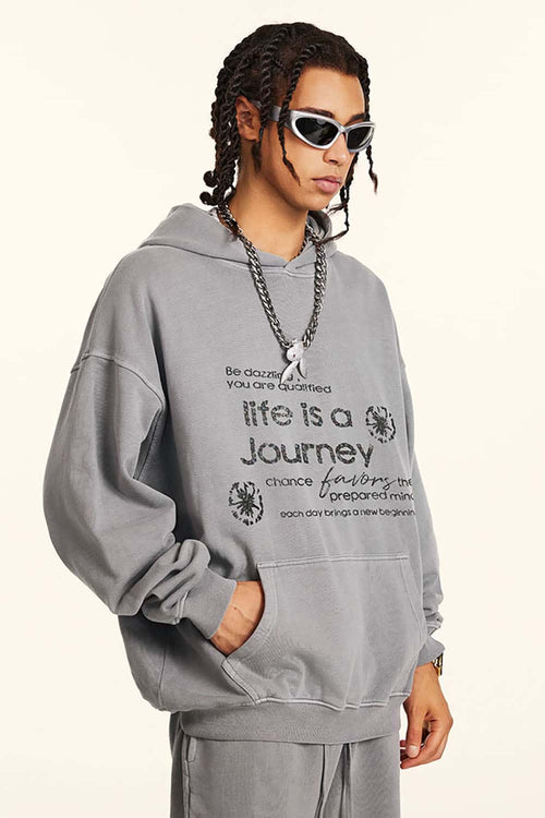 Distressed Slogan Print Hoodie - Medium Gray