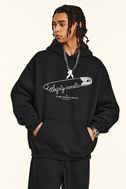 Heavyweight Safety Pin Graphic Hoodie - Black