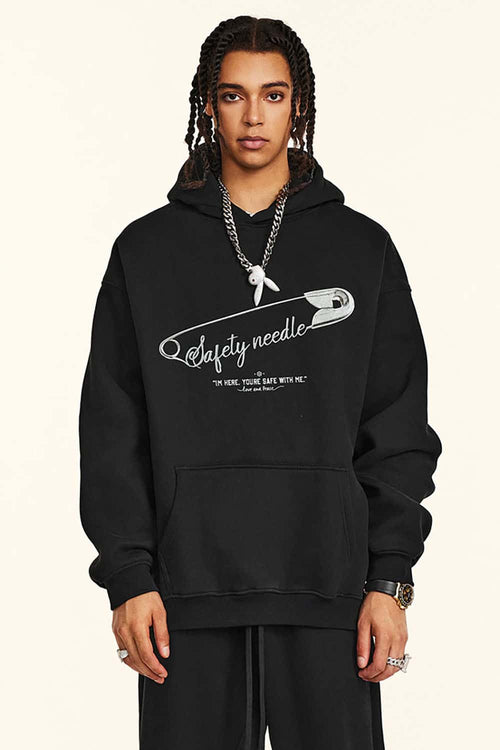 Heavyweight Safety Pin Graphic Hoodie - Black