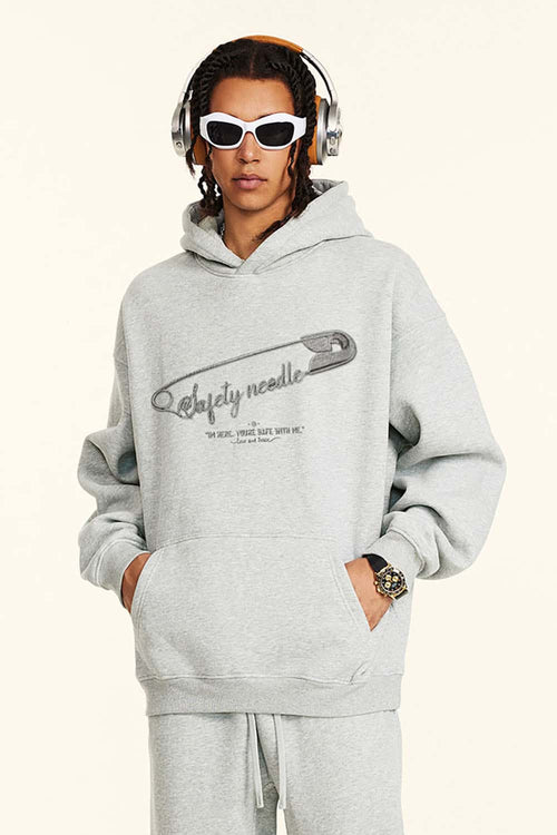Heavyweight Safety Pin Graphic Hoodie - Flower Gray