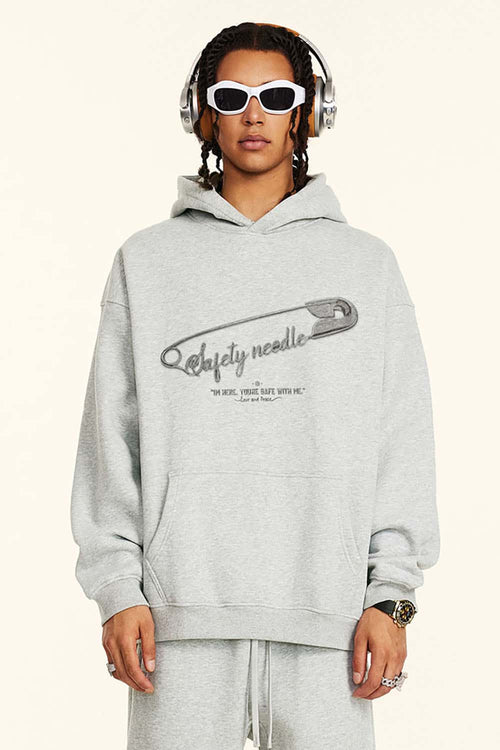 Heavyweight Safety Pin Graphic Hoodie - Flower Gray