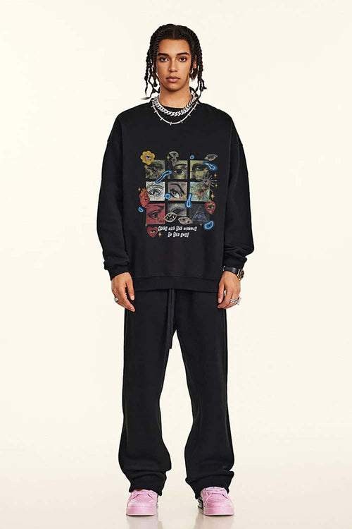 Grid Graphic Fleece Sweatshirt - Black