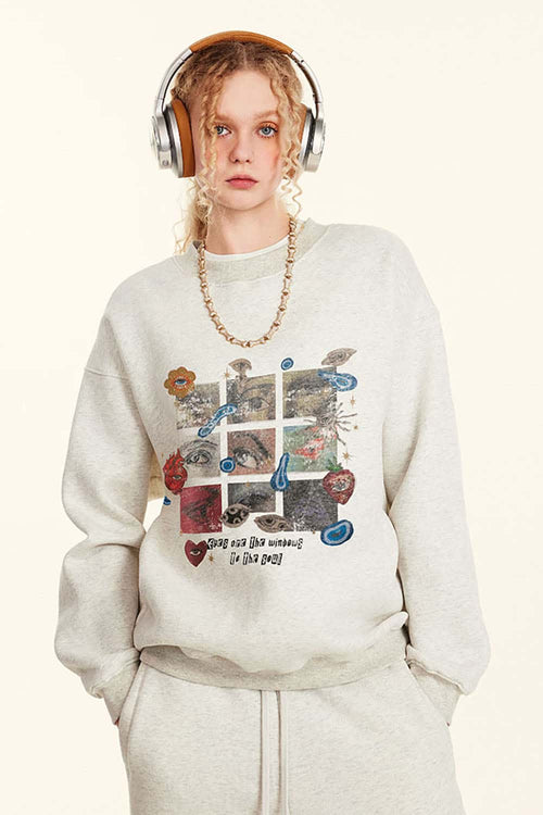 Grid Graphic Fleece Sweatshirt - Oat Gray