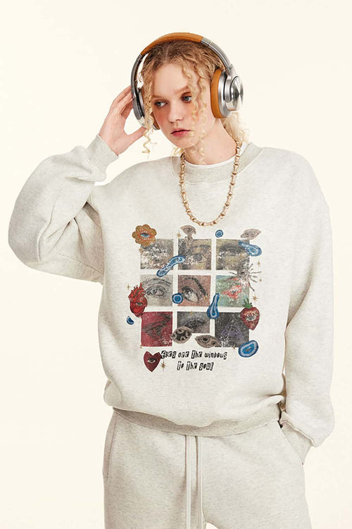Grid Graphic Fleece Sweatshirt - Oat Gray