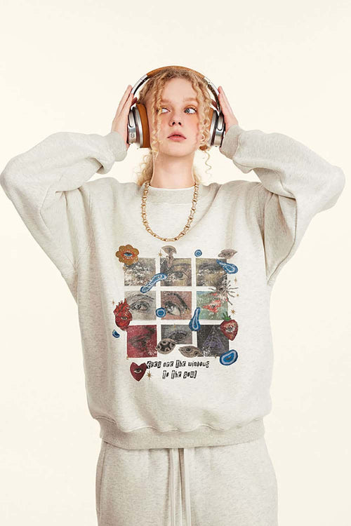 Grid Graphic Fleece Sweatshirt - Oat Gray