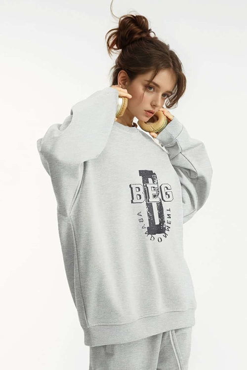 Varsity Graphic Drop-Shoulder Sweatshirt - Flower Gray