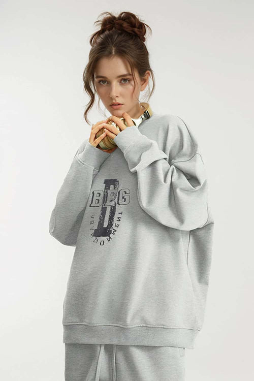 Varsity Graphic Drop-Shoulder Sweatshirt - Flower Gray