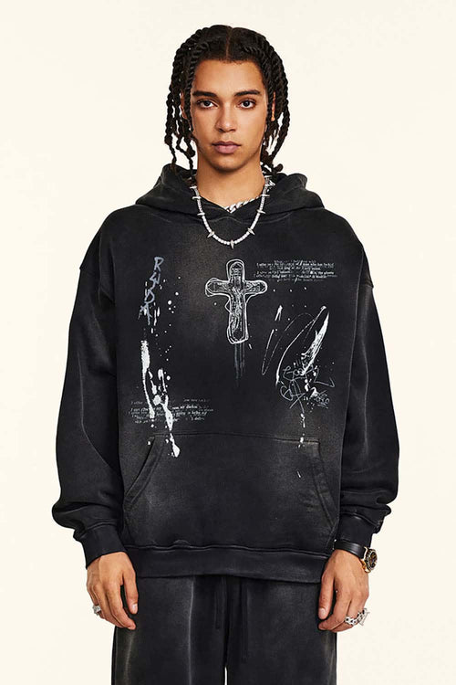 Hand-Painted Splatter Hoodie - Black