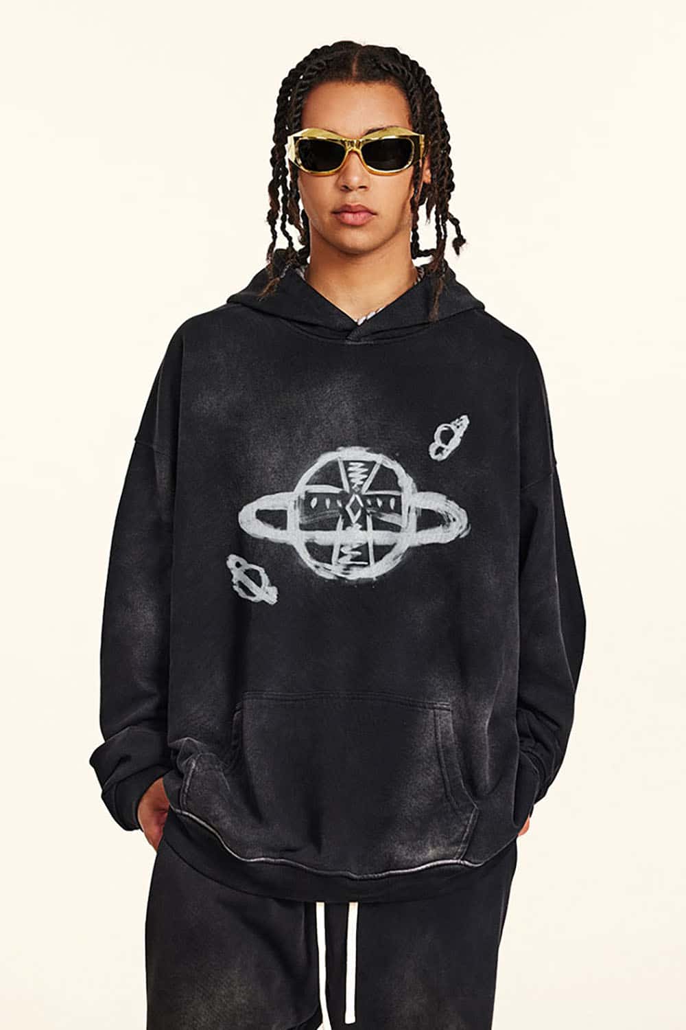 Distressed Saturn Graphic Hooded Sweatshirt