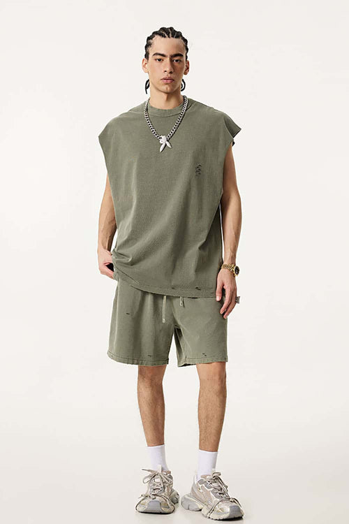Distressed Vintage Sleeveless Cotton Vest - Grayish Green