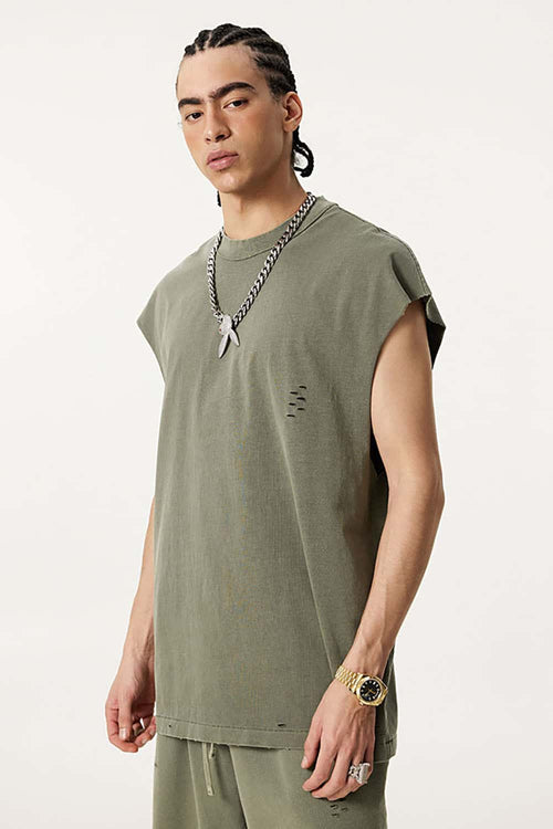 Distressed Vintage Sleeveless Cotton Vest - Grayish Green