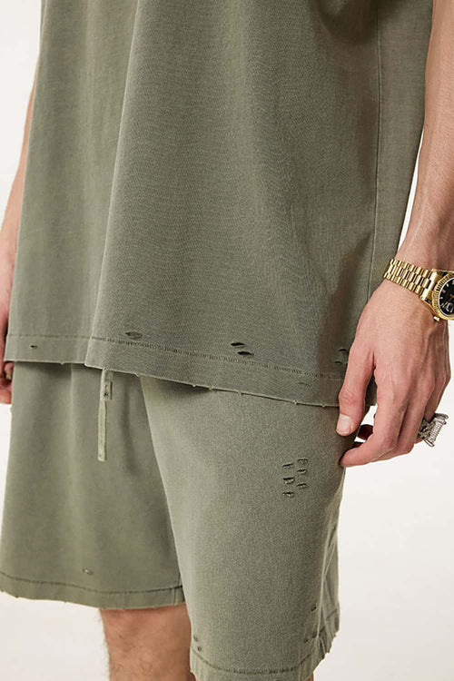 Distressed Vintage Sleeveless Cotton Vest - Grayish Green