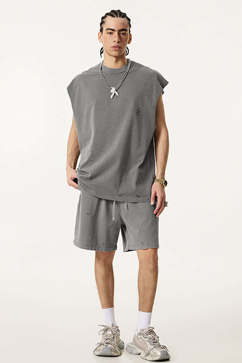 Distressed Vintage Sleeveless Cotton Vest - Medium Gray