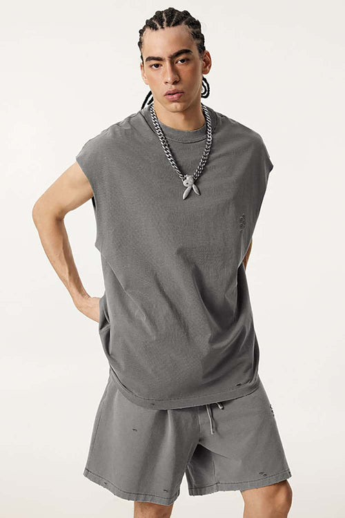 Distressed Vintage Sleeveless Cotton Vest - Medium Gray