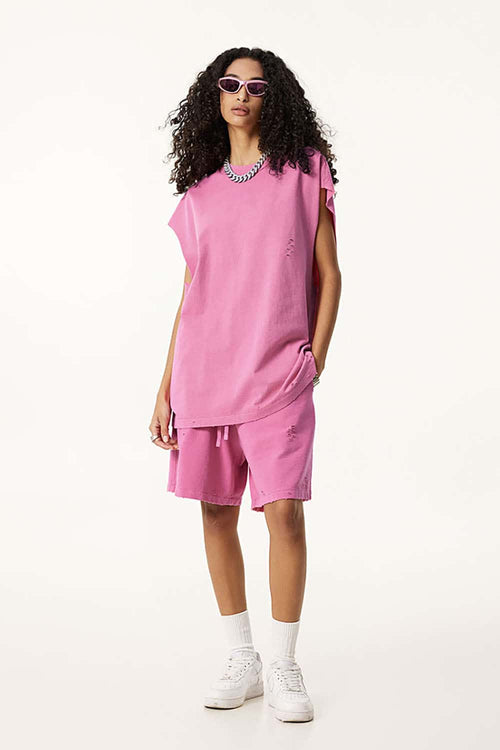 Distressed Vintage Sleeveless Cotton Vest - Rose Pink