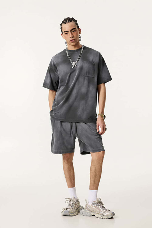 Spray-Washed Distressed Pocket Tee - Dark Gray