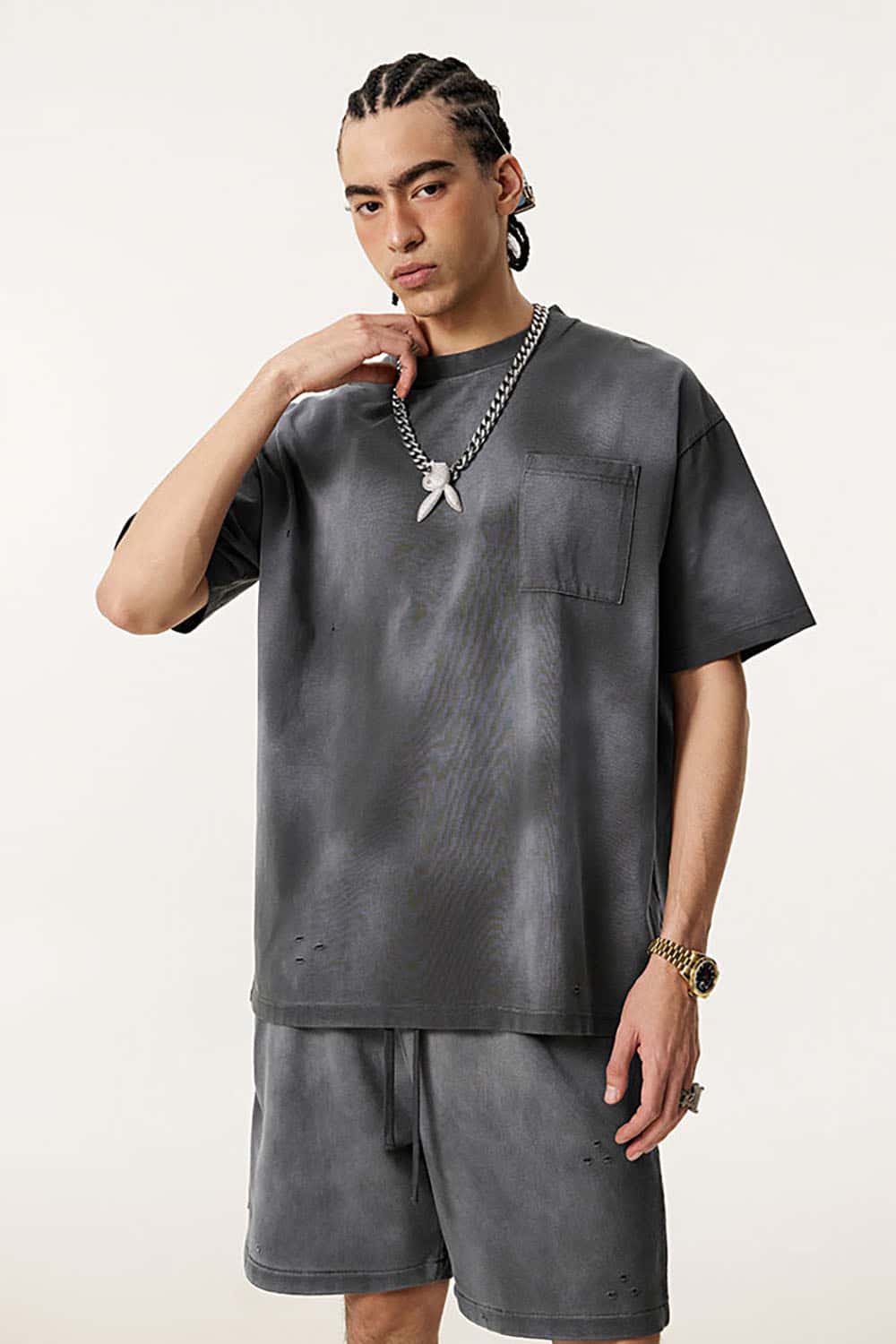 Vintage Distressed Tee with Dual Sheer Fabric and Patch Pocket