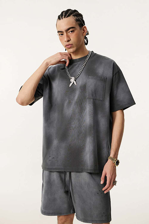 Spray-Washed Distressed Pocket Tee - Dark Gray