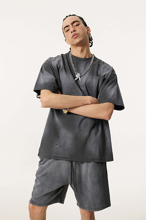 Spray-Washed Distressed Pocket Tee - Dark Gray