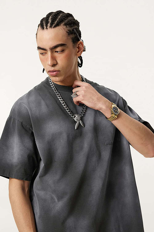 Spray-Washed Distressed Pocket Tee - Dark Gray