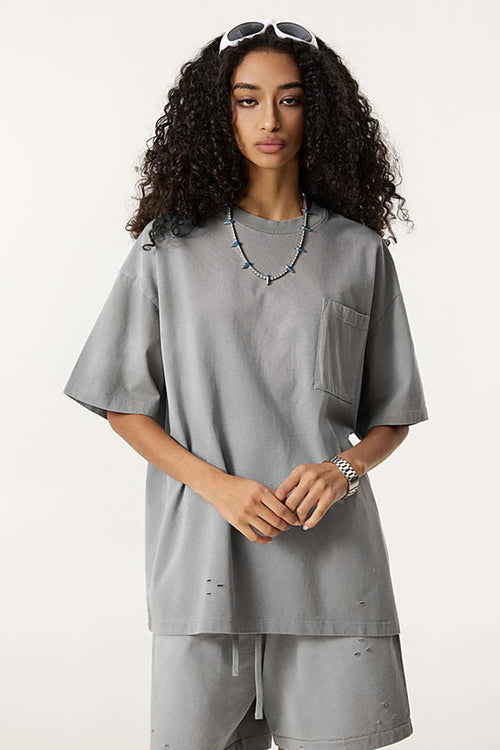 Spray-Washed Distressed Pocket Tee - Medium Gray