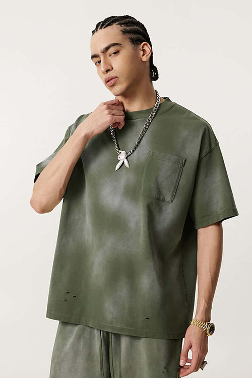 Spray-Washed Distressed Pocket Tee - Military Green