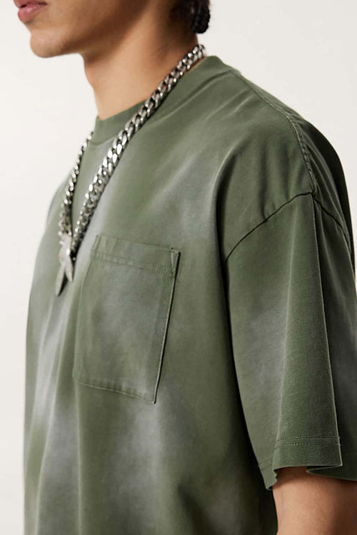 Spray-Washed Distressed Pocket Tee - Military Green