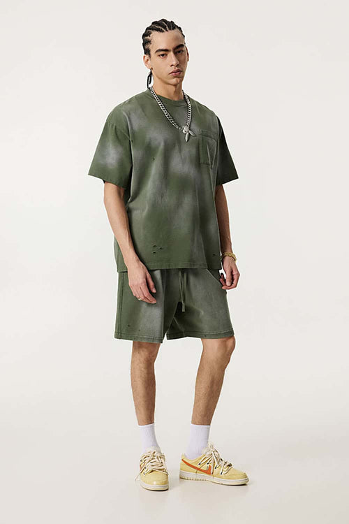 Spray-Washed Distressed Pocket Tee - Military Green