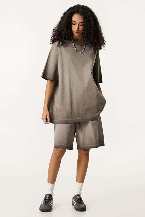 Vintage Distressed Drop-Shoulder Tee - Washed Coffee