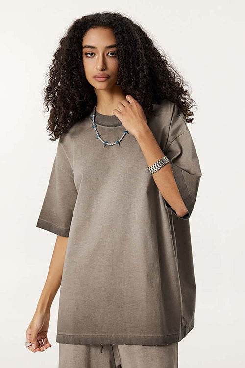 Vintage Distressed Drop-Shoulder Tee - Washed Coffee