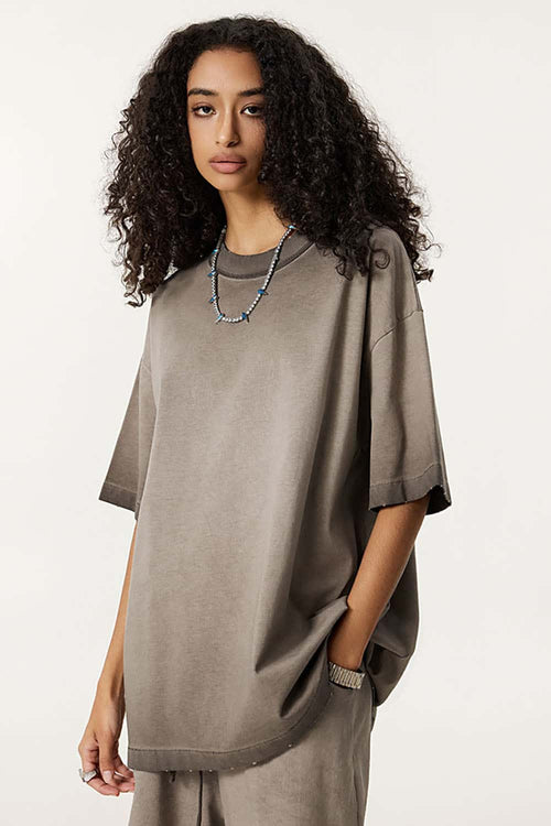 Vintage Distressed Drop-Shoulder Tee - Washed Coffee