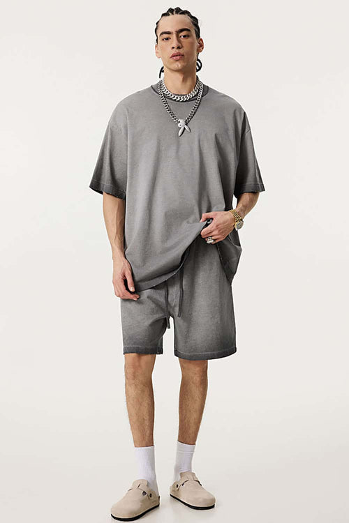 Vintage Distressed Drop-Shoulder Tee - Washed Gray