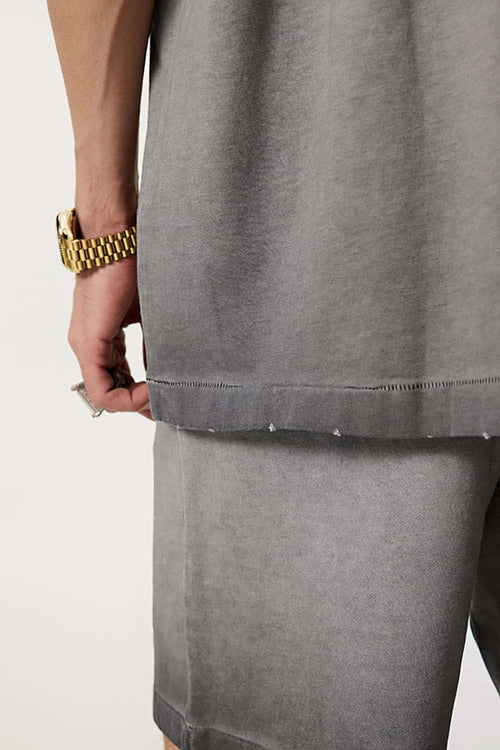 Vintage Distressed Drop-Shoulder Tee - Washed Gray