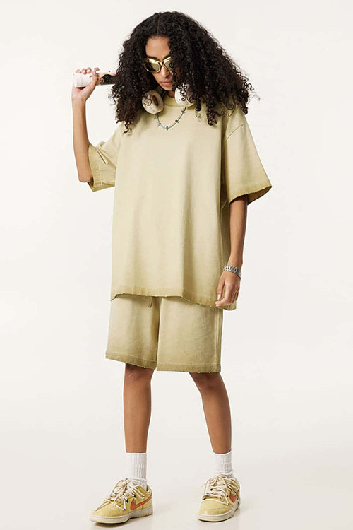 Vintage Distressed Drop-Shoulder Tee - Washed Khaki