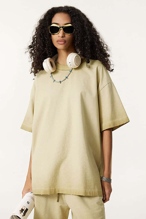 Vintage Distressed Drop-Shoulder Tee - Washed Khaki