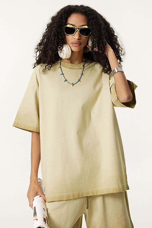 Vintage Distressed Drop-Shoulder Tee - Washed Khaki