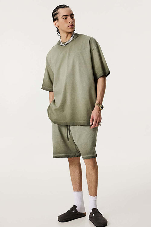 Vintage Distressed Drop-Shoulder Tee - Washed Military Green