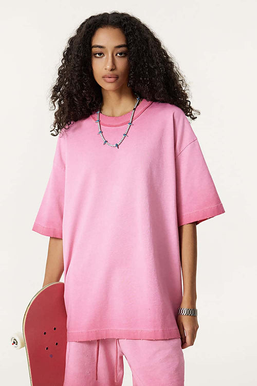 Vintage Distressed Drop-Shoulder Tee - Washed Rose Red