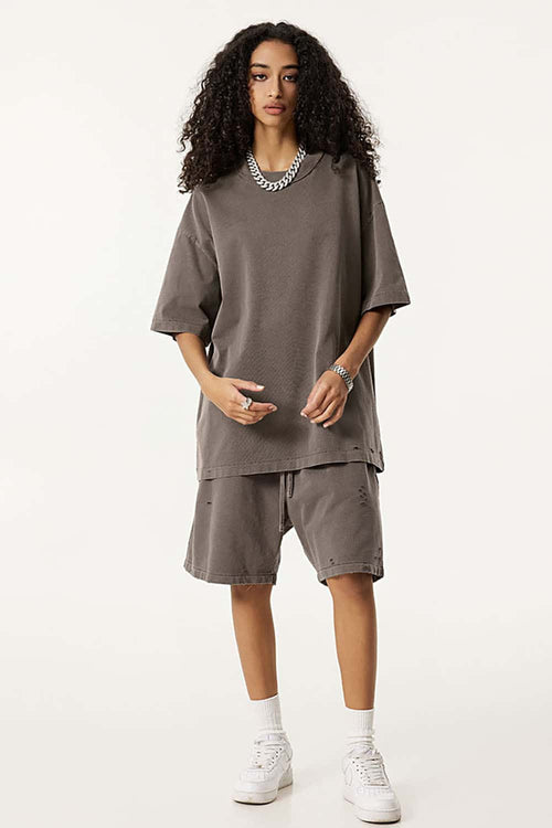 Heavyweight Distressed Washed Cotton Tee - Coffee